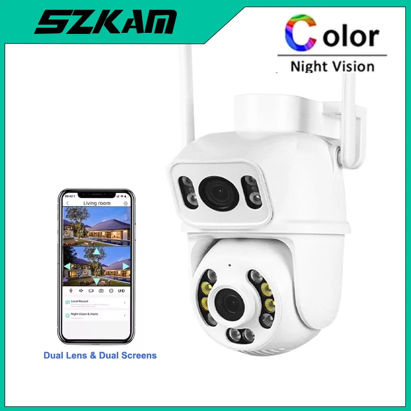 Dual Lens Wireless 6MP HD Security IP Camera Outdoor Wifi PTZ Camera Dual Screen Auto Tracking Two way Audio Surveillance Camera