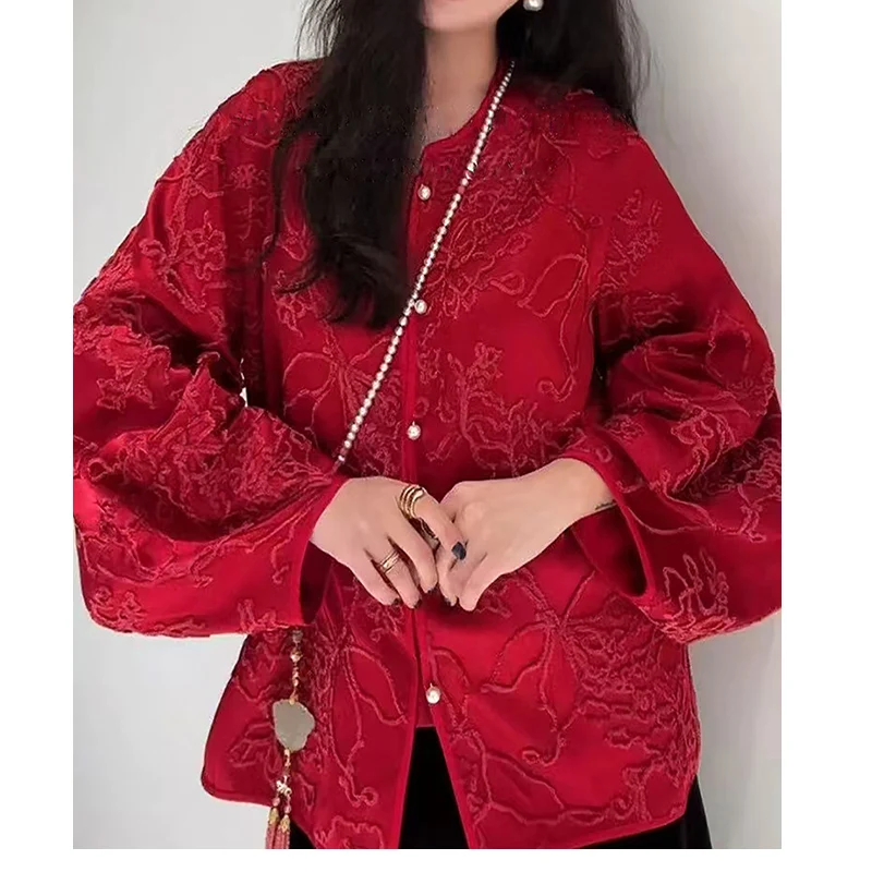 

Spring New High Quality O-Neck Linen Fabric Embroidered Lantern Sleeves Loose Fashion New Year Red Jacket Women S-XL