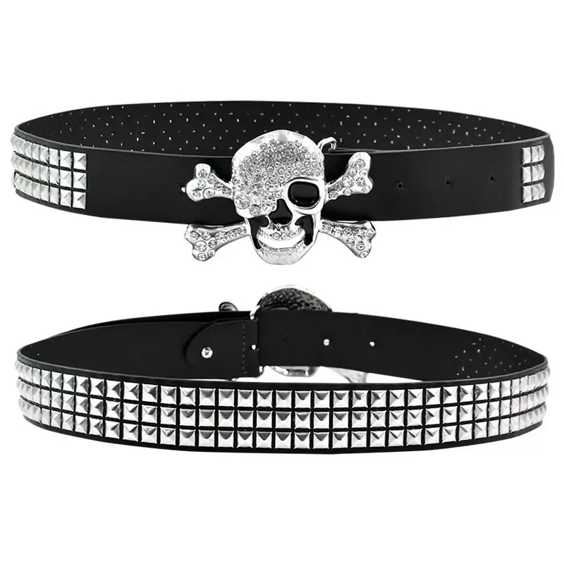 Skull head belt in punk style with rivets, square beads, and pyramid inlays, personalized women's leather belt