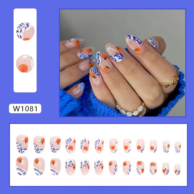 24pcs Cute Fruit False Nail Short Persimmon Orange Printed Press on Nail Manicure Patch Full Cover Detachable Acrylic Nail Tips