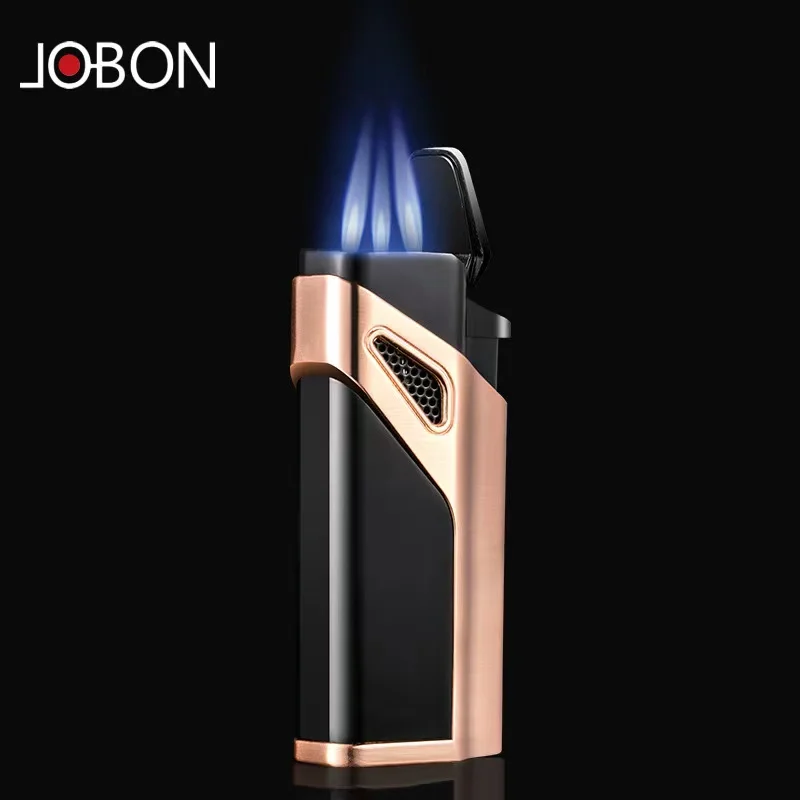 2024 JOBON Metal Butane Gas Lighter Outdoor Windproof Blue Flame 3 Torch Turbo Jet Cigar BBQ Jewelry Baking Welding Home Tools