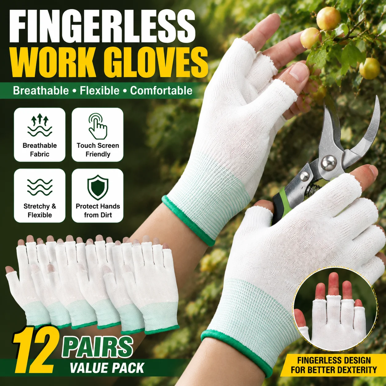 Half Finger Work Gloves Elastic Fingerless 2 3 Finger Picking Men Women Touchscreen 5 Finger Broken Finger