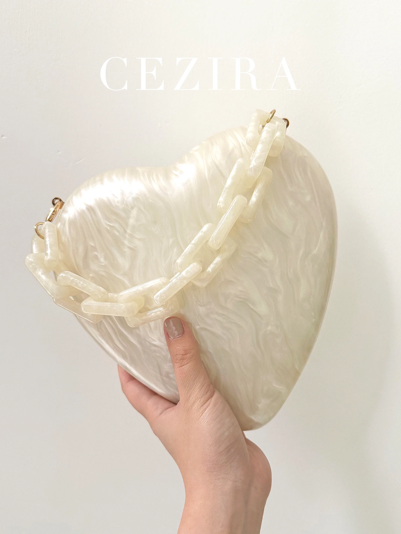 

CEZIRA Women's Brand Fashion Design Elegant Heart Shape Acrylic Clutch Marble Pattern Chain Top-handle Evening Bag Bride Purse