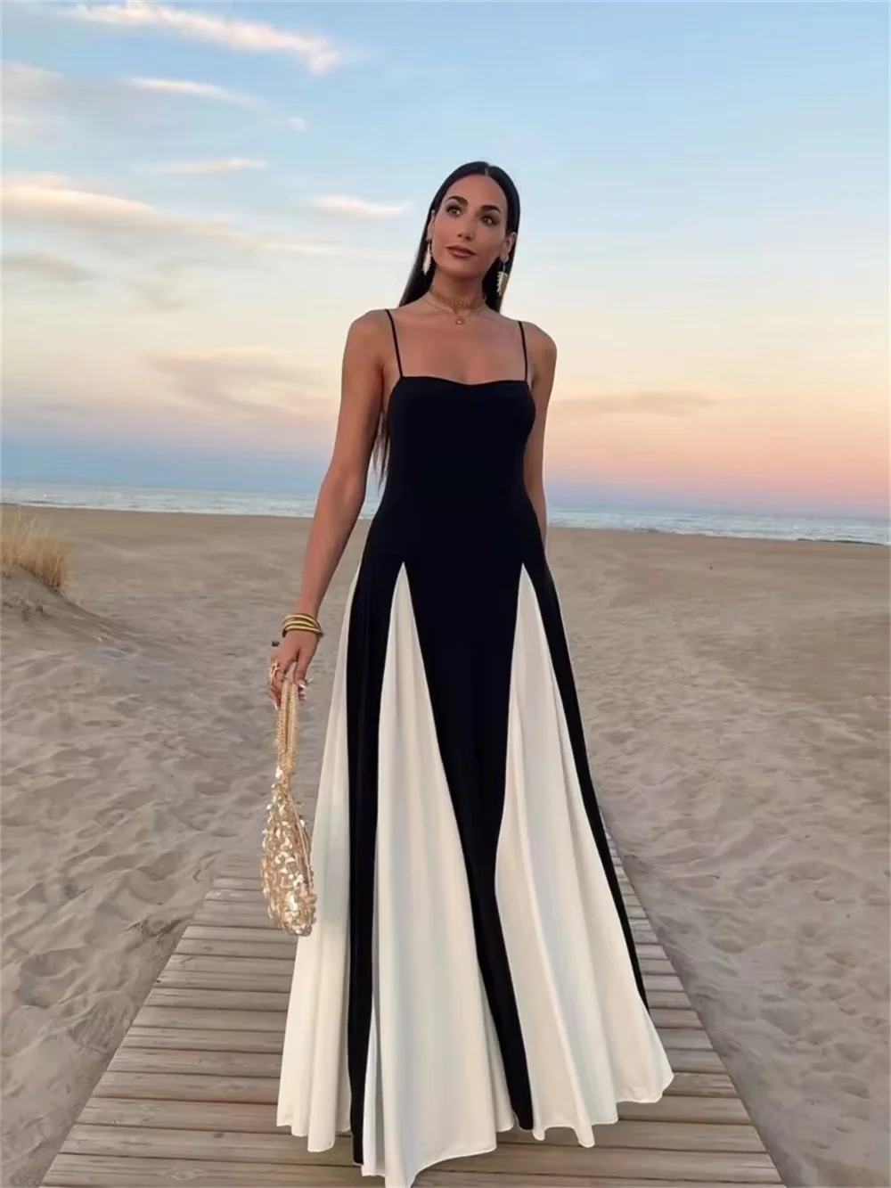 

Elegant Black White Contrasting Women Sling Dress Fashion Backless Sleeveless High Waist Maxi Dresses Female Party A-line Robes