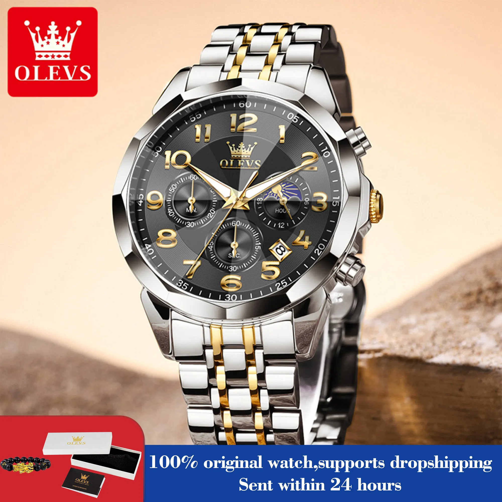 

OLEVS 3676 мужские часы лучший бренд с номером, шкала, кварцевые часы для мужчин, 43 мм, хронограф с большим циферблатом, водонепроницаемые модные мужские ручные часы