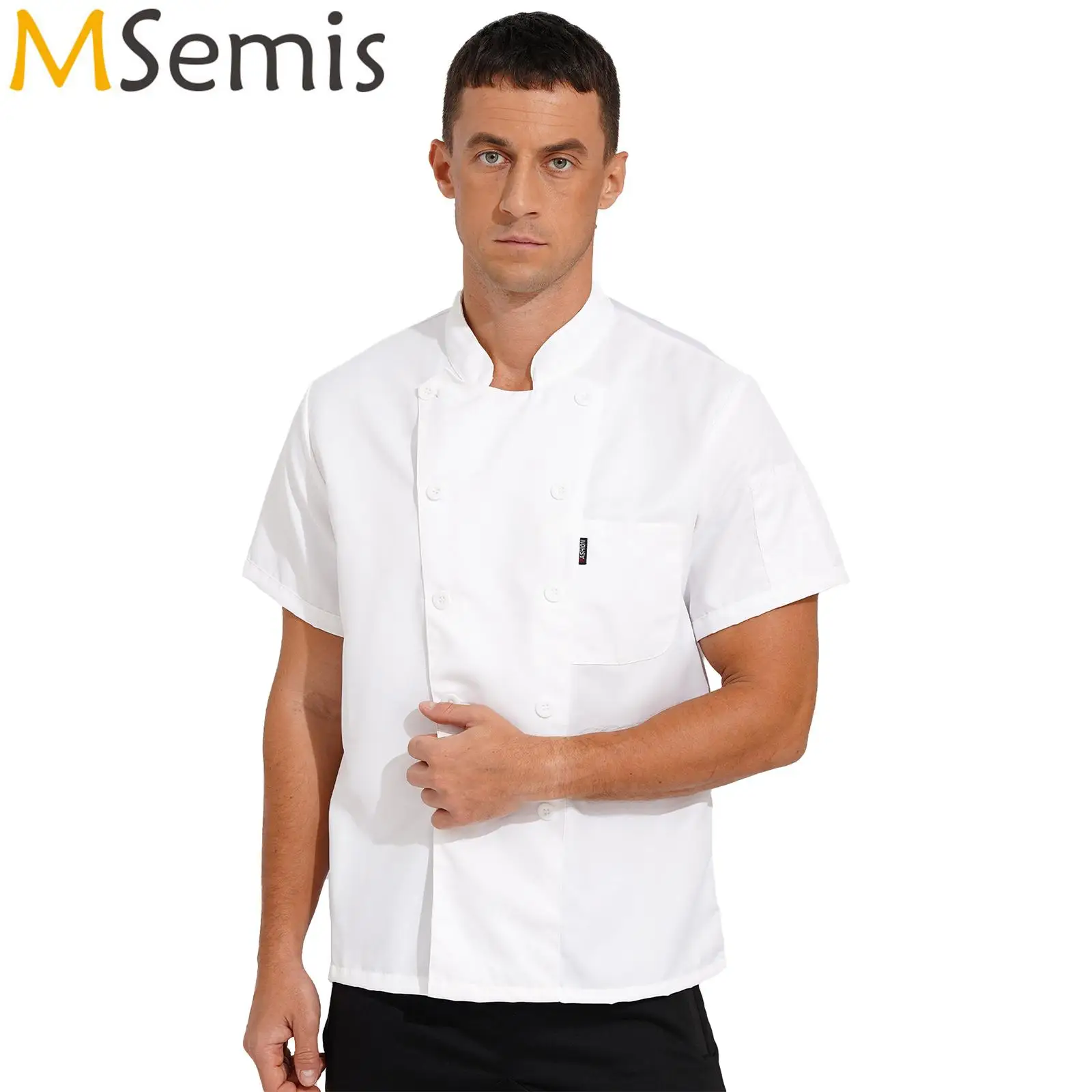 Mens Womens Food Service Work Kitchen Shirt Short Sleeve Stand Collar Chef Coat Button Canteen Restaurant Hotel Cook Uniform