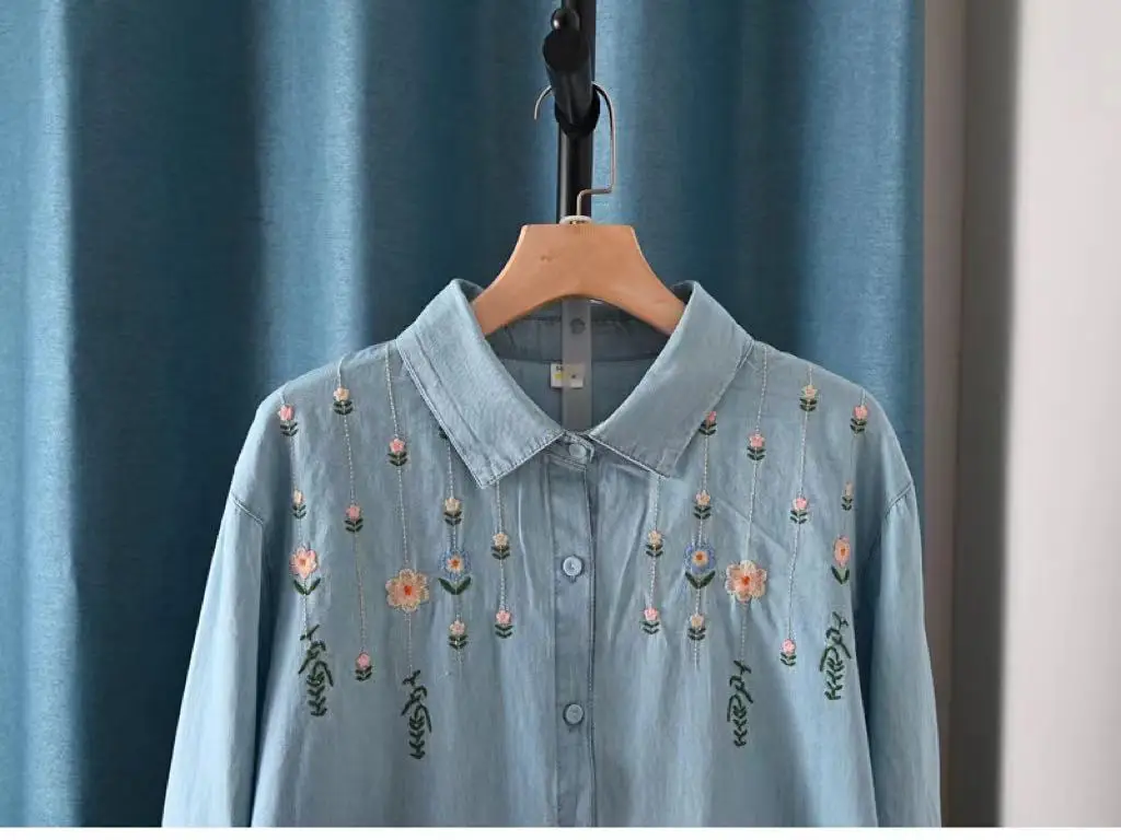 100% Cotton Denim Shirts Women Korean Fashion Harajuku y2k Embroidery Jean Blouse Mori Girl Lapel Long Sleeve Denim Cardigan