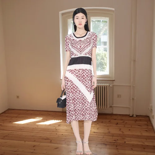 

Miyake Dress Women's 2025 Summer New Simple Fashion Pleated Printing Short-sleeved Round Neck Pullover Medium and Long Dress