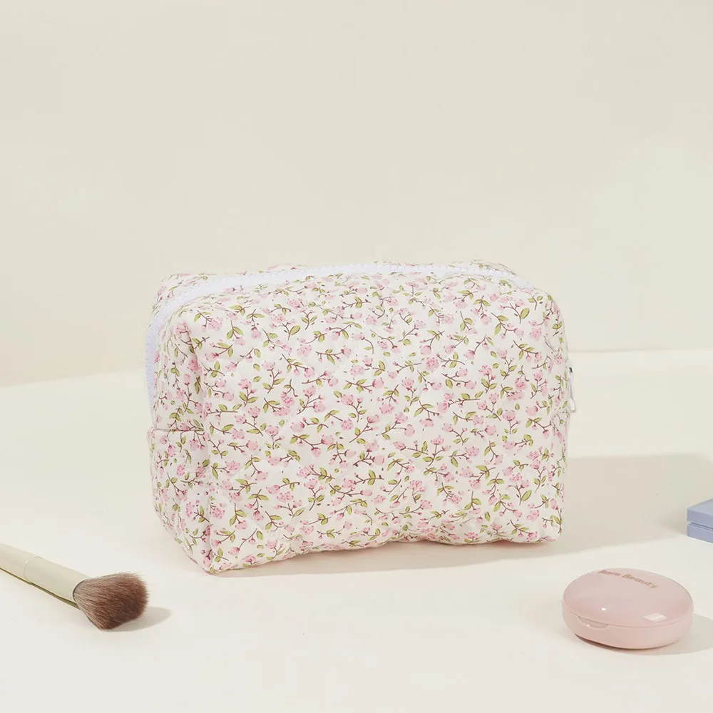 Organizer di stoccaggio Borsa per trucco trapuntata gonfia floreale Borsa per cosmetici stampata a fiori Borsa per cosmetici da viaggio grande