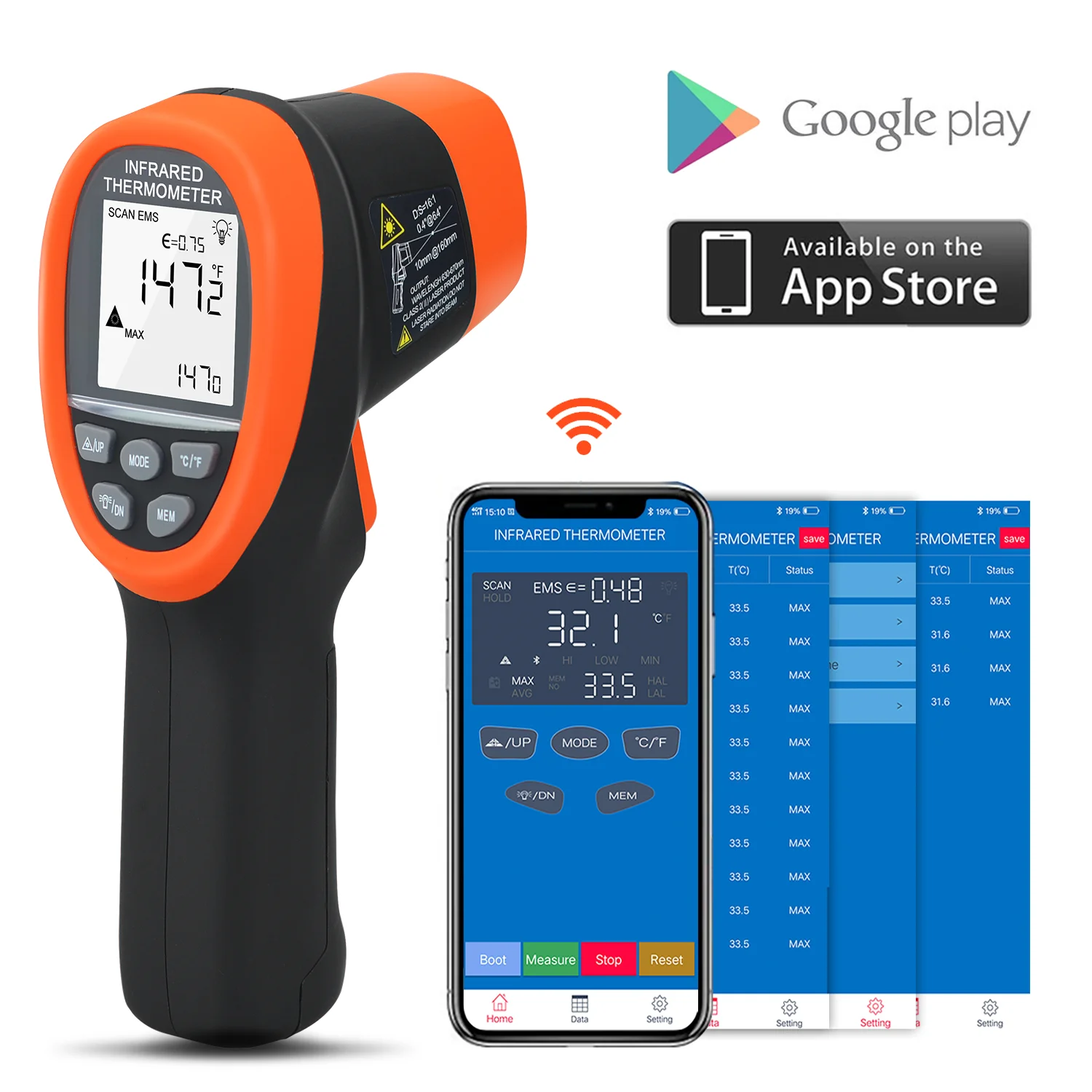 BT-985CAPP 12:1 Bluetooth Orange Digital Infrared Thermometer Temp Range Non Contact IR Temperature Gun 58℉~1472℉(-50℃～800℃)