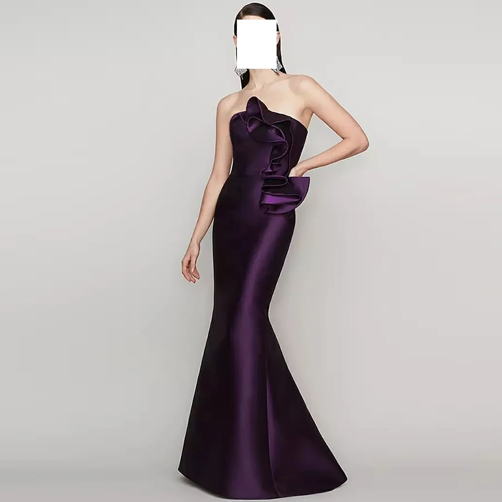 

Elegant Luxury Evening Dress 2024 Satin Ruffles Boat Neck Sweep Train Sleeveless Solid Color Party Dresses Woman Mermaid