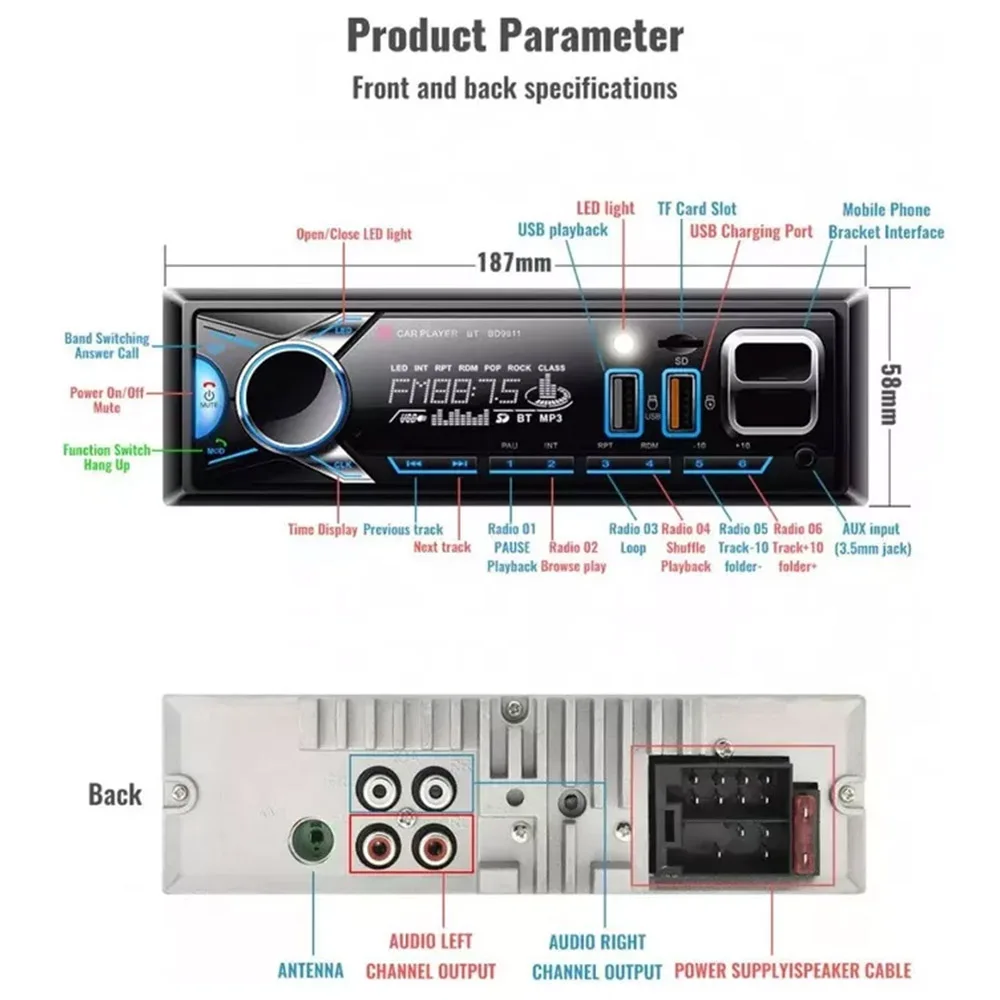 Car Radio MP3 Player Fm Radio Car Bluetooth Car Stereo Audio Receiver 1 Din Multimedia Player 12V Aux Input SD/TF/USB