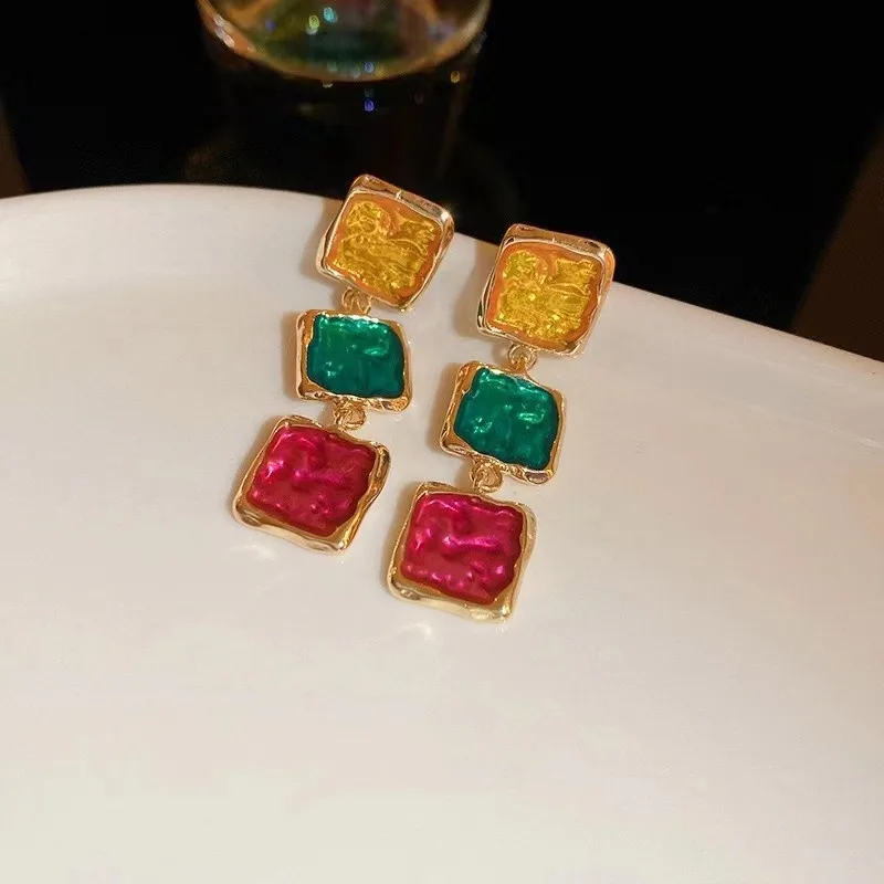 Palace Style Colorful Geometric Blocked Long Earrings Vintage Baroque Square Oil Drop Tassel Earrings Women Party Jewelry Gifts