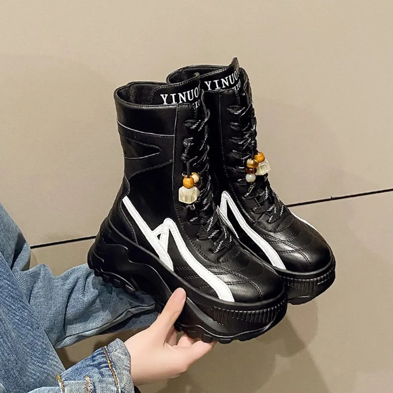New Women 8CM Chunky Mid-Calf Boots 2025 Autumn Winter Beading Lace-up Zip Shoes High Platform Motorcycle Boots Leather Sneakers view 4