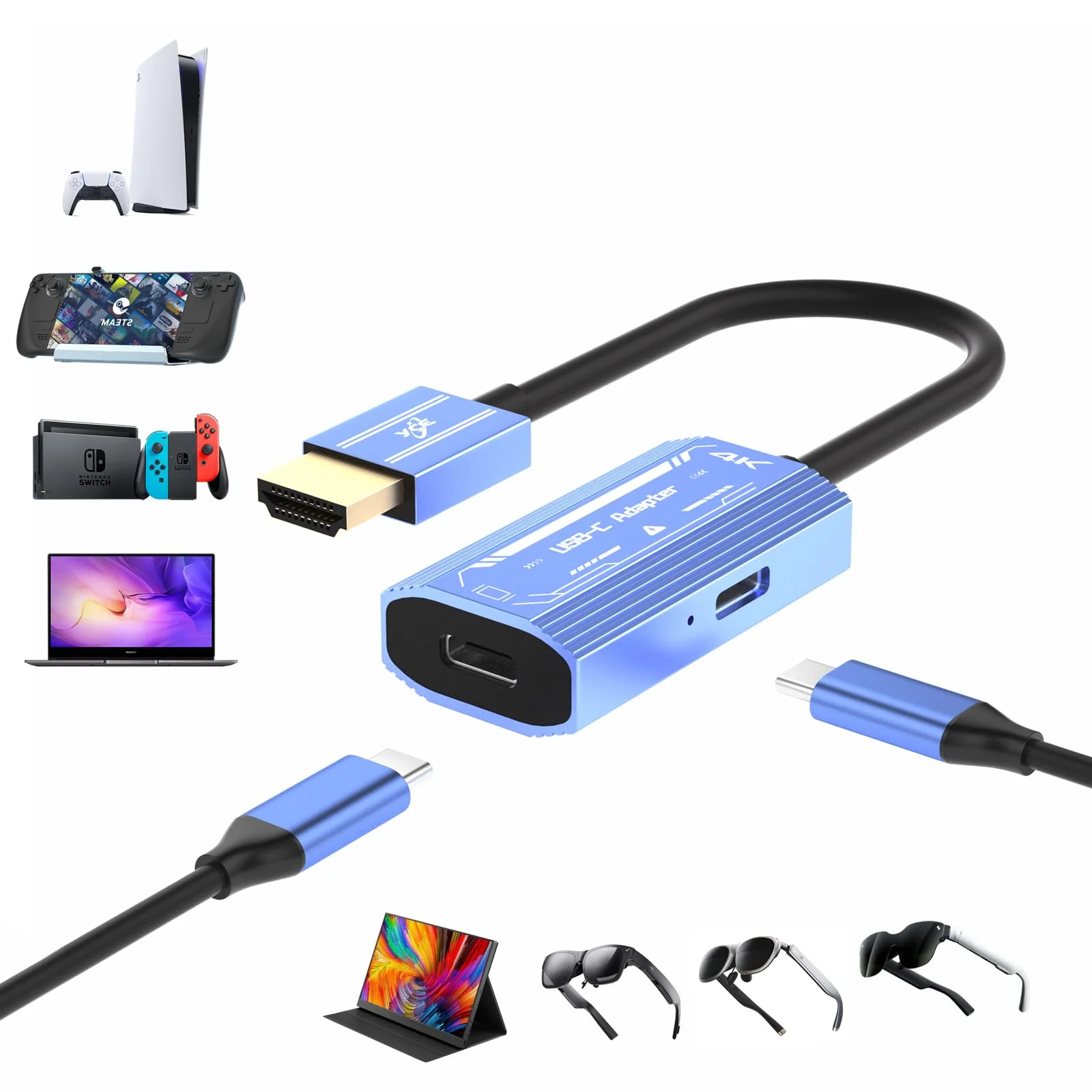HDMI-compatible (Source) to USB C 4K@60Hz Video Adapter  for PC Laptop to Xreal Air,Rokid,VITURE,RayNeo AR/VR Smart Glasses
