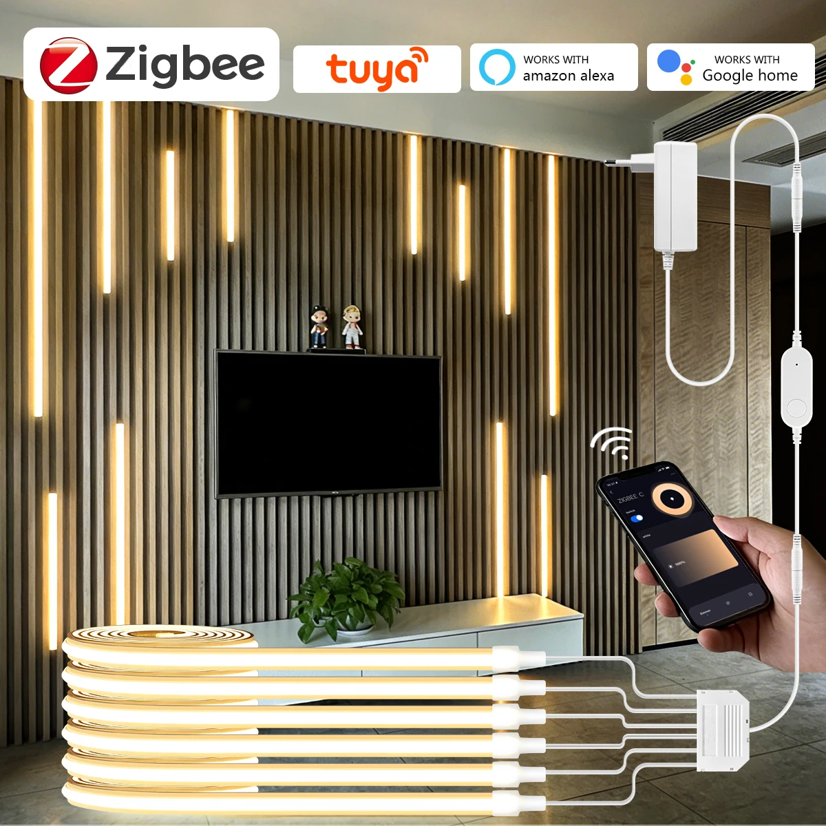 Zigbee Switch Under Storage Cabinet COB LED Strip Neon Light Tuya Alexa Dimmable Bookcase Wardrobe Closet Wall Lamp Smart Wifi