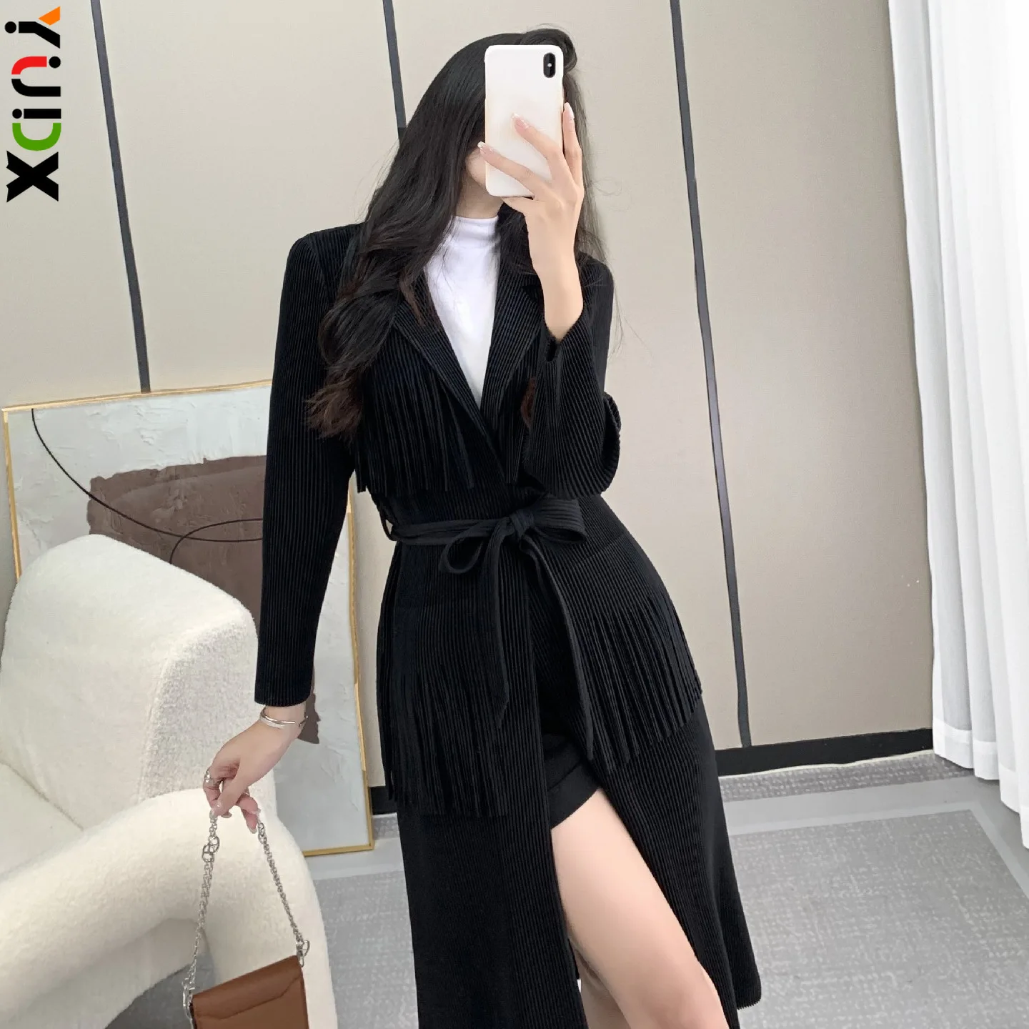 

Pleated Women Jacket 2024 Early Autumn New Fashion Temperament Long Sleeve Tassel High Quality Lapel Mid-Length Cardigan Trench