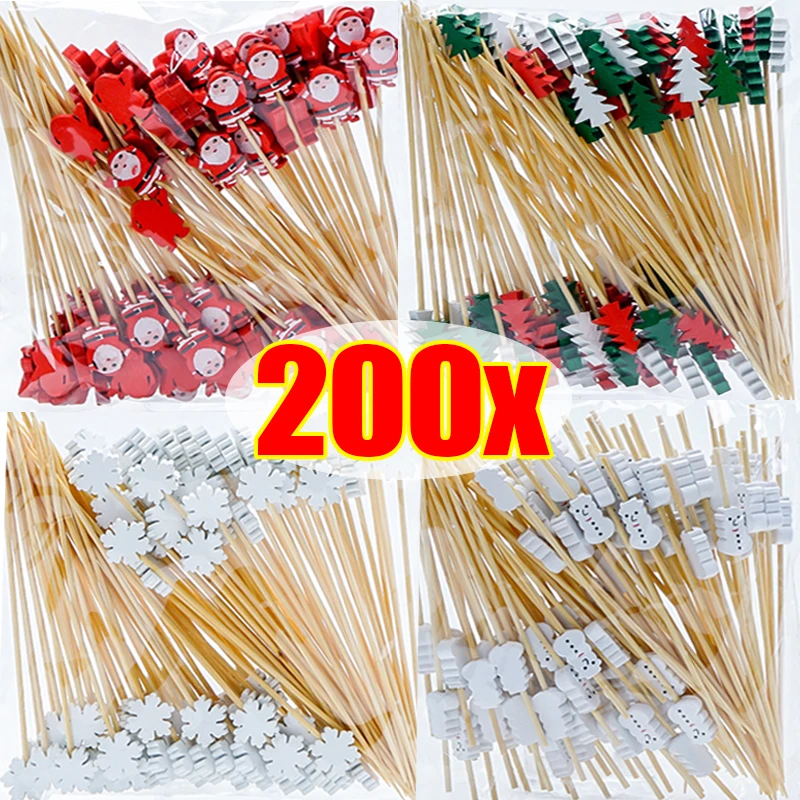 200/50PCS Christmas Fruit Skewer Santa Claus Disposable Buffet Food Toothpicks Cupcake Topper Xmas New Year Party Decoration