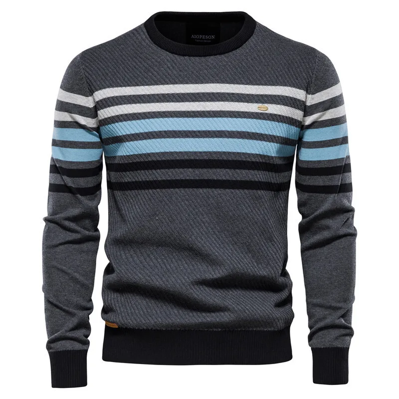 2021 Autumn New Stripe Contrast Casual Sweater US Size Men's Personalized Trend Knitted Bottom Shirt