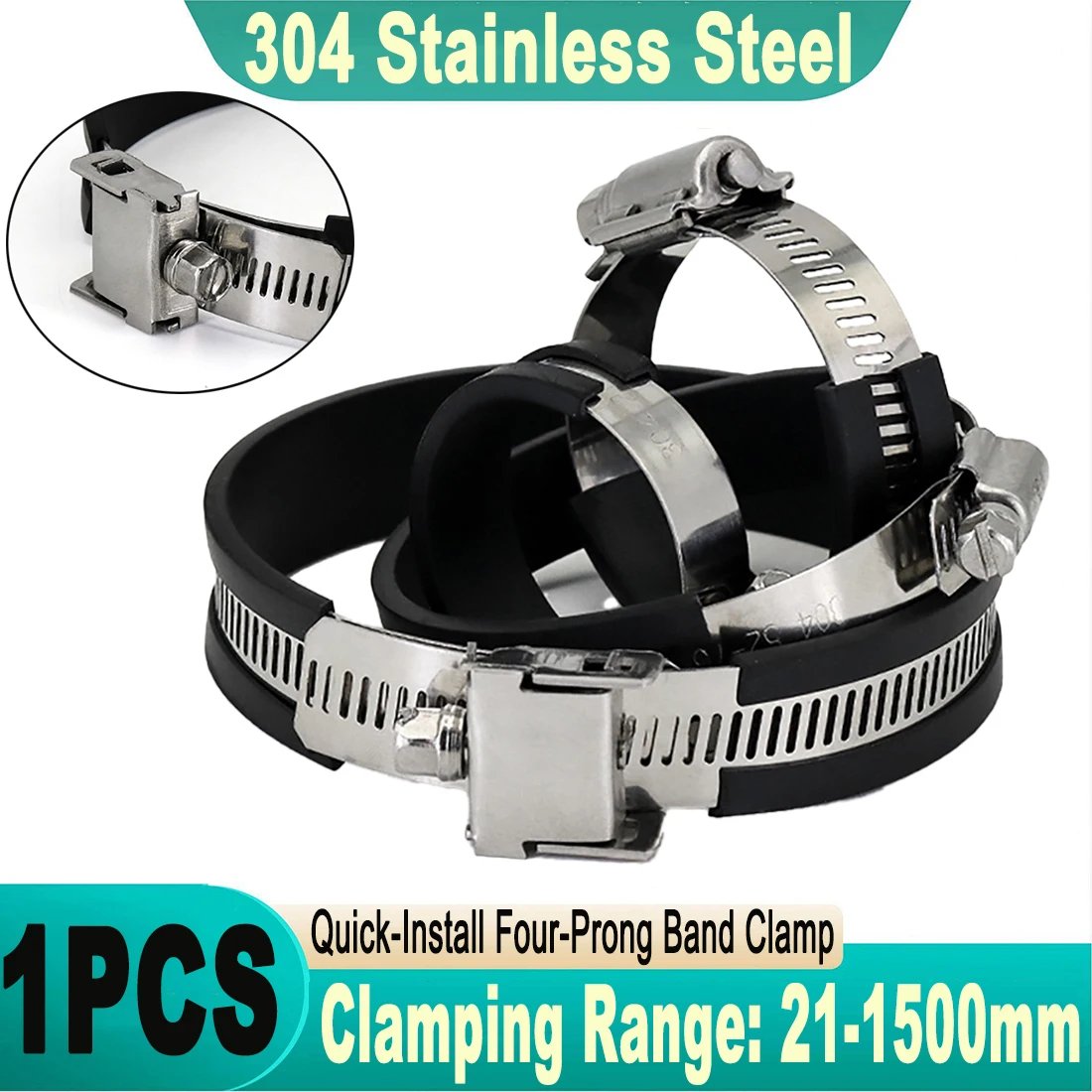 1PCS 304 Stainless Steel Quick-Install Four-Prong Band Clamp with Rubber Liner Extra Wide & Thick for Pole Pipe & Cable Fixing