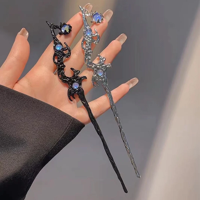 Vintage Moonstone Hair Sticks for Women Retro Chinese Tasssel Hairpin Disk Hairsticks Hair Chopsticks Hair Accessories