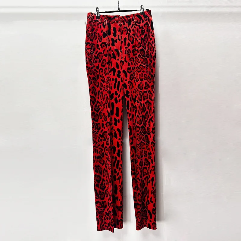 Velvet Pantsuits for Women 2024 New Designer Red Leopard Print Pencil Pants + Jacket 2pcs Suit Two Piece Set Outfits