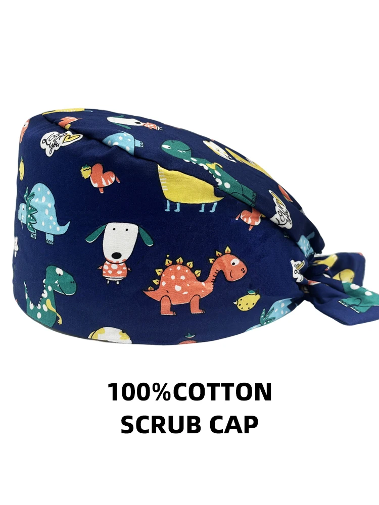 หมวกผ่าตัดพิมพ์ลายไดโนเสาร์แบบ unisex ผ้าฝ้าย ระบายอากาศได้ดี ปรับขนาดได้ หมวกทำงานสำหรับพยาบาลและแพทย์ หมวกสำหรับห้องผ่าตัด