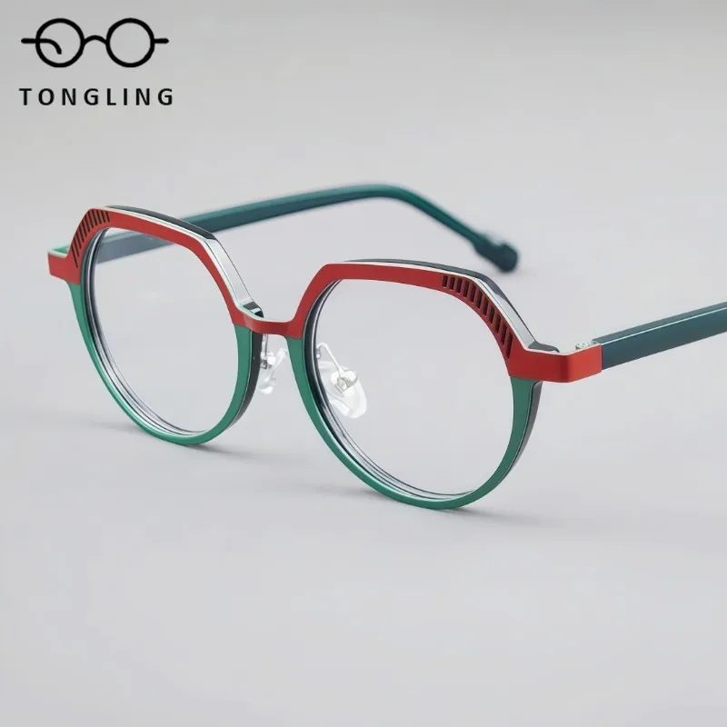 2025 New Fashionable Alloy Designer Women Retro High-Quality Acetate Men Handcrafted Colorful Spliced Oval Unique Glasses Frames