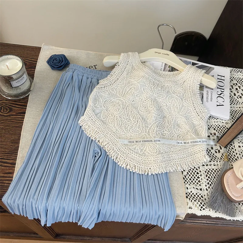 New Summer Girls Clothing Set Sleeveless Lace Shirt + Casual Pants 2Pcs Outfit For Kids Children Birthday Present