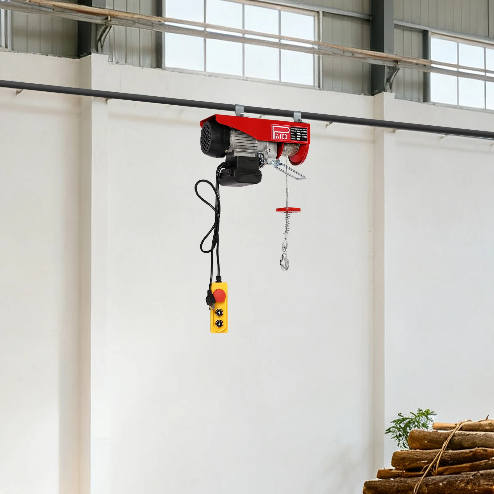 Electric Hoist 100kg With Emergency Stop Button, 220lbs Capacity Double Rope Lift With 2 Slings, Mini Overhead Crane With Wired Remote for Garage Workshop, US Plug