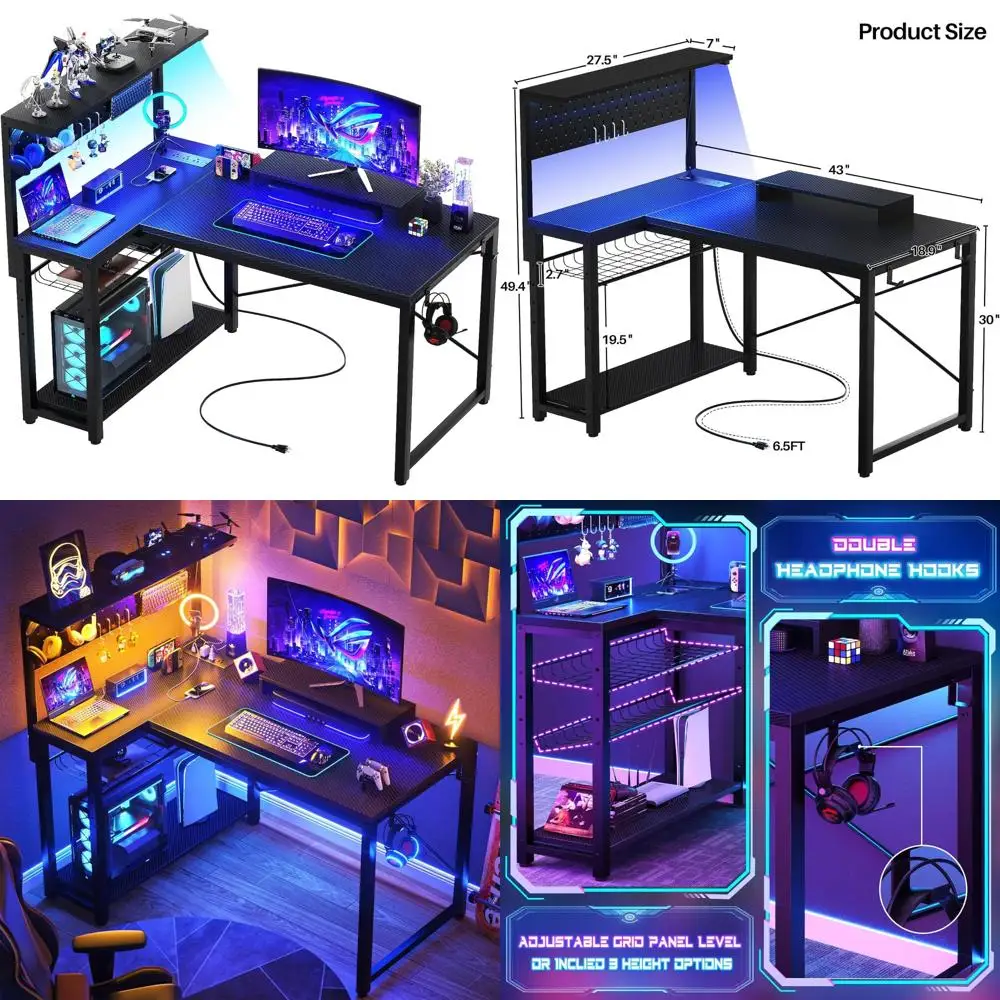 43 Inch L-Shaped Gaming Desk with Power Outlets, LED Light, Monitor Stand and Storage Shelf
