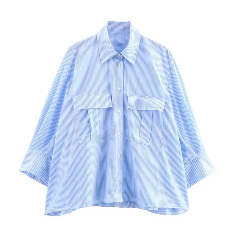 

Women's Shirt New Summer 2025 Blue Striped Long-Sleeved Loose Shirt Casual Fashion Lazy Casual Personality Versatile