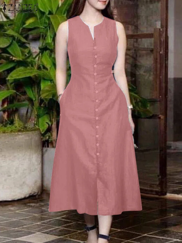 ZANZEA Stylish Summer Sundress 2025 Women Elegant Solid Work Dresses V Neck Sleeveless Holiday Midi Dress Vestidos Robe Femme