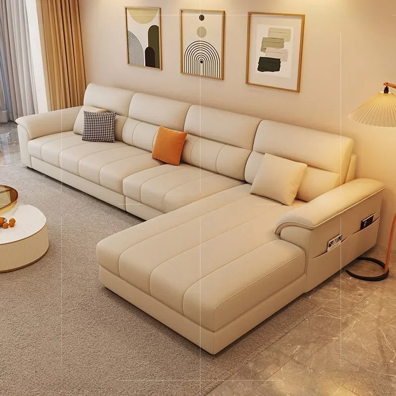 Divano moderno e semplice in pelle da grattare per gatti, soggiorno familiare, piccolo appartamento, tasti per pianoforte in pelle color crema a forma di L