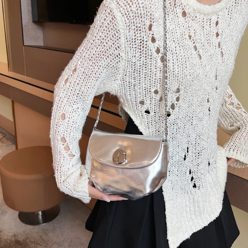 LEFTSIDE Silver leather Crossbody Bags For Women 2023 Korean Fashion Luxury Mini Handbags and Purses Lady Chain Flap Bag