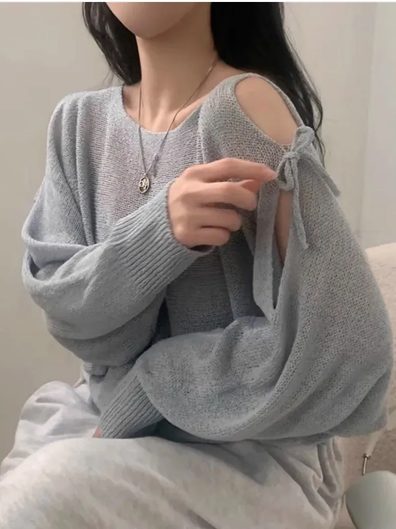 Korean Style Hollow out Shoulder  Knot Sexy Long Sleeve Thin Cover up Top Women Winter Loose Anti Aging Slightly See...