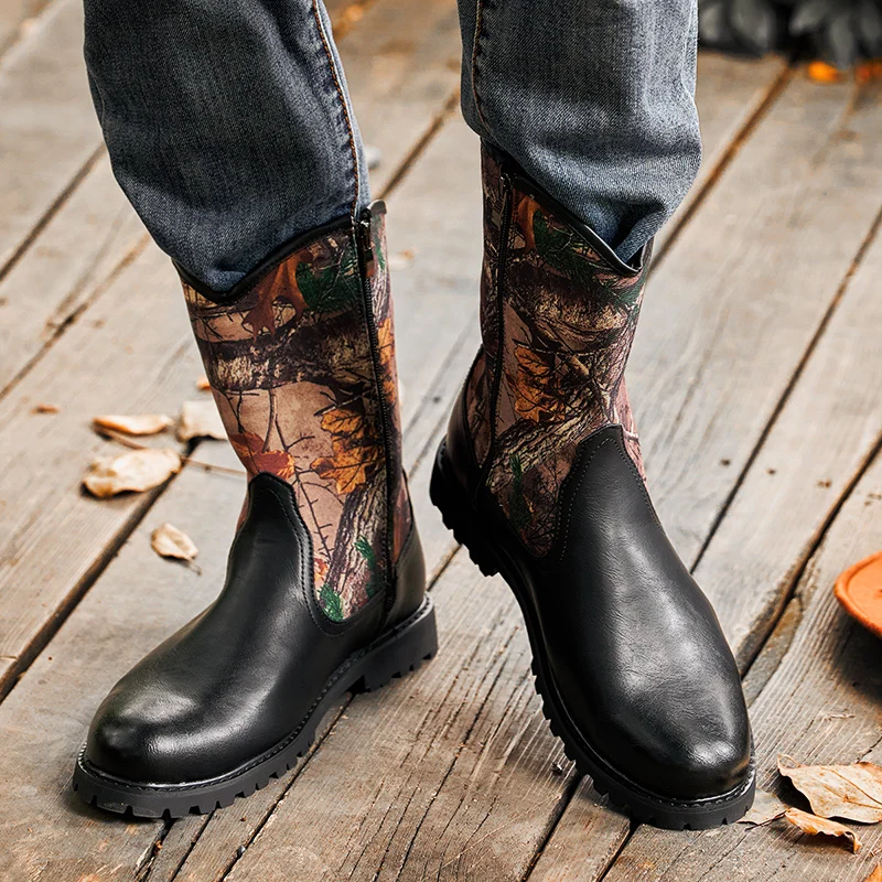 Botas de vaquero del oeste de mezclilla de lujo para primavera y otoño para hombre, botas de tubo alto, botas de caballero al aire libre, zapatos de cuero de retales Retro para hombre