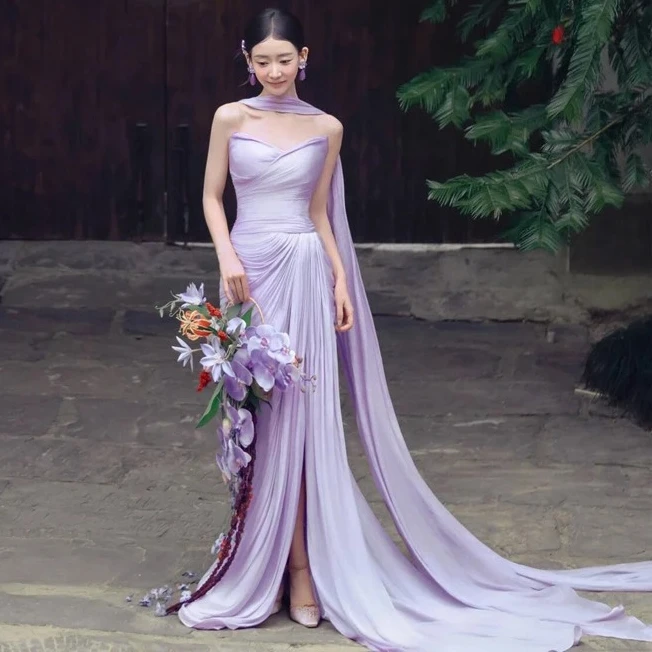 Customized Elegant Simple Purple New Chinese Style Strapless Wedding Dresses Charming Dignified Temperament Ribbon Bridal Gown