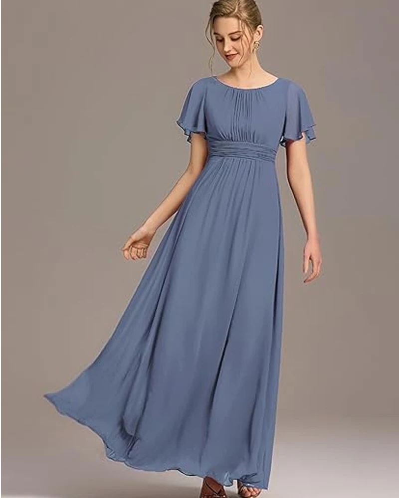

Customized Women's Spring Elegant Round Neck Short Sleeve Chiffon Empire Waist Floor Length Formal Dresses Wedding Party Dresses