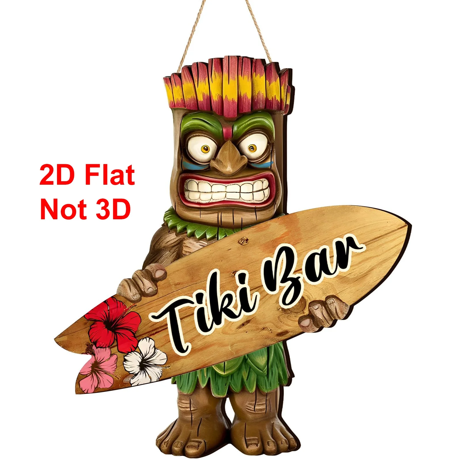 Tropical Tiki Totem Wooden Door Hanging Sign,2D Flat Wood Cutout Plaque,Tiki Bar Surfboard Wall Decor for Hawaiian Luau Beach