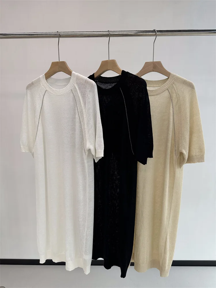 

Women's 100% Linen Midi Dress Beaded Short Sleeve Round Neck Straight Loose Robe