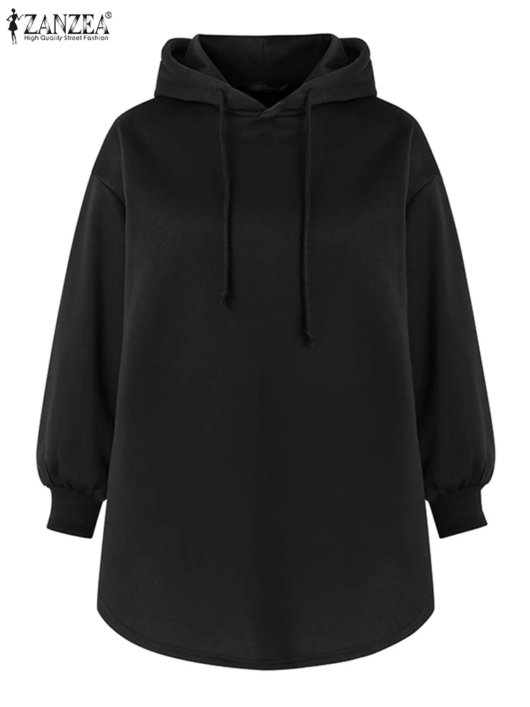 เสื้อฮู้ดดี้สีดำทรงโอเวอร์ไซส์สำหรับผู้หญิง แบรนด์ ZANZEA คอลเลคชั่นฤดูใบไม้ร่วง 2025 แขนยาวทรงหลวม ชายเสื้อโค้ง  เสื้อฮู้ดสตรีทแวร์สีพื้น ไซส์ 3XL