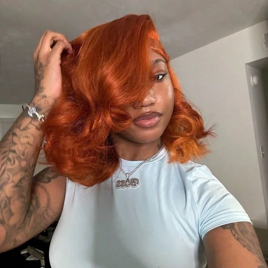 Pelucas de cabello humano Frontal de encaje transparente 13x4 naranja jengibre 8-18 pulgadas peluca Bob corto ondulado 200% prearrancada con pelo de bebé