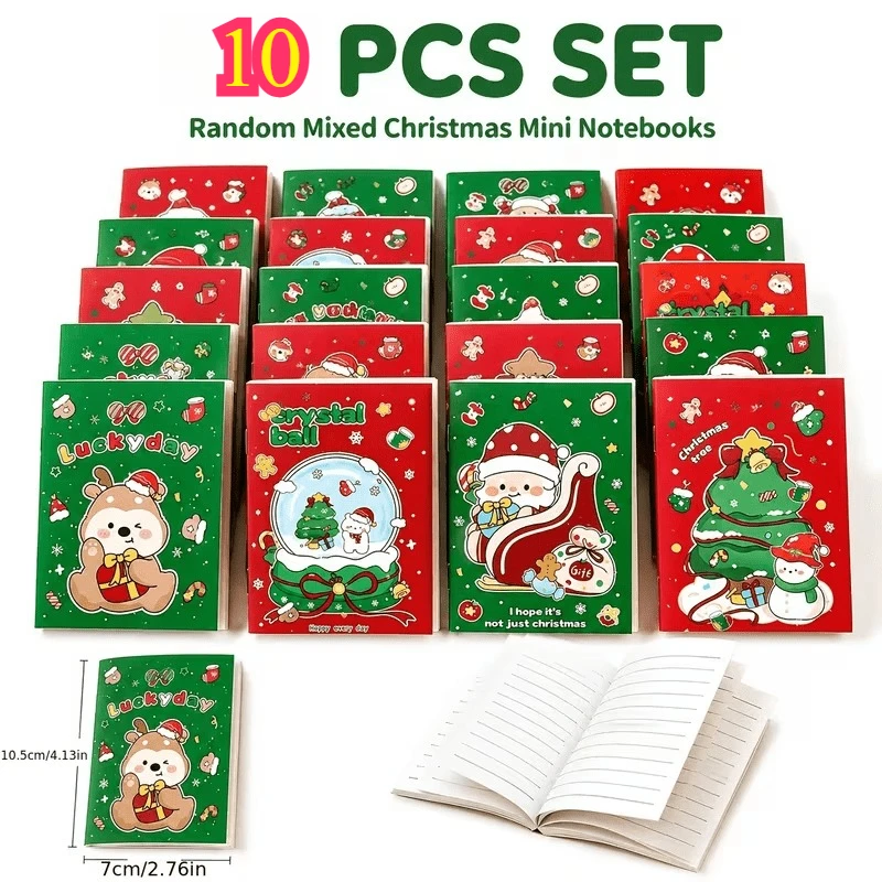 10 Random Christmas Cartoon Notepads, Christmas Tree Snow Globe Reindeer Snowman Design, Holiday Memo & Note Pad Set