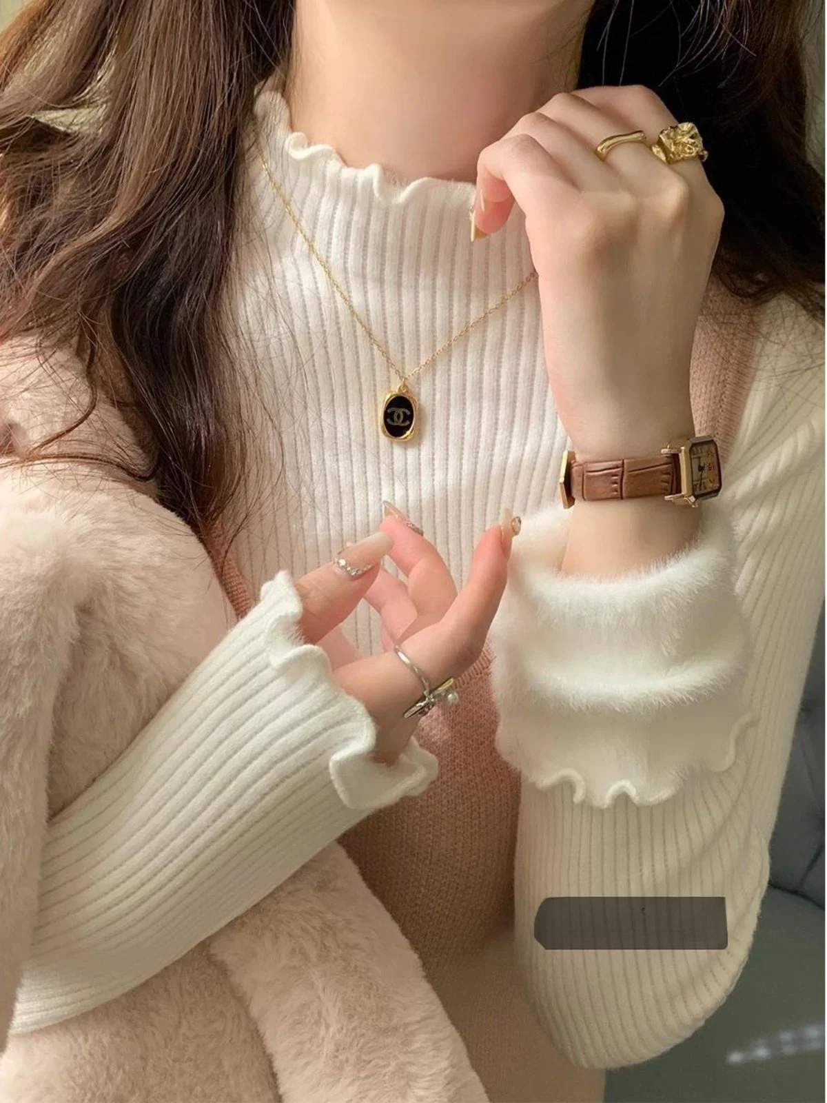 

Thiened Fce Lined Knitted Base irt Women's Spring High-End Feel Wood ain Sweater Inner Wear Coat f High Coll...