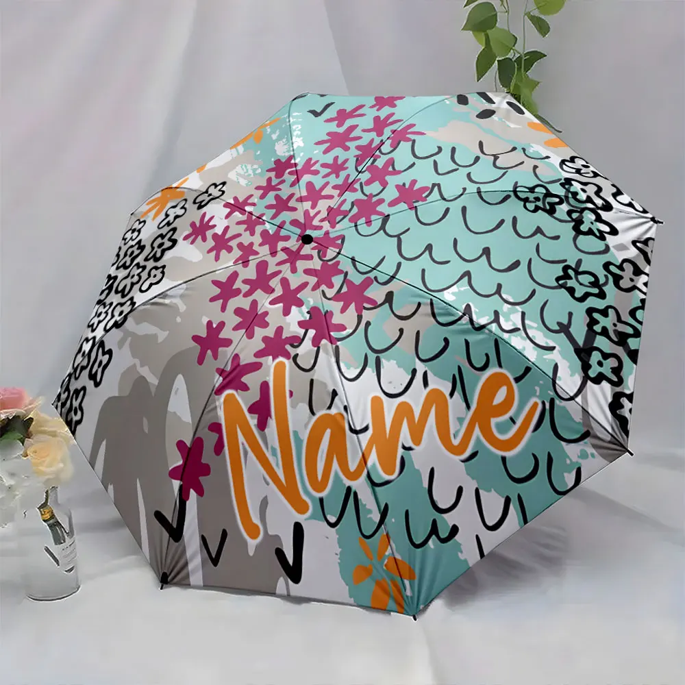 Custom Name Umbrella Colorful Floral Umbrella in Bedroom Print 8 Iron Ribs Folding Umbrella Auto-Open Fashion Sunshade