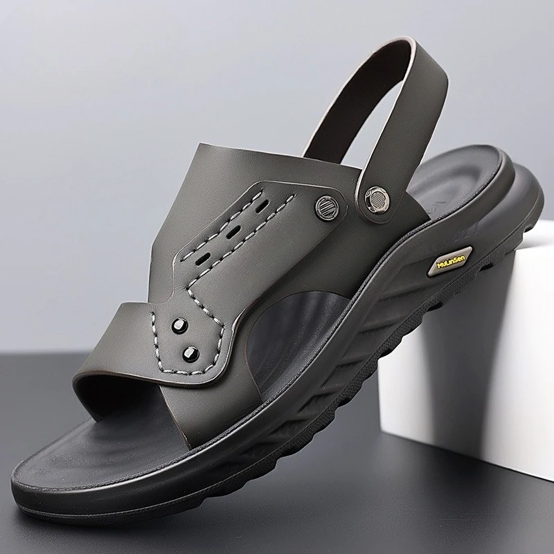Men's Summer New Soft Bottom Breathable Sandals Outdoor Casual Anti-slip Beach Shoes Leather Two-use Trendy Slip-On Sandals