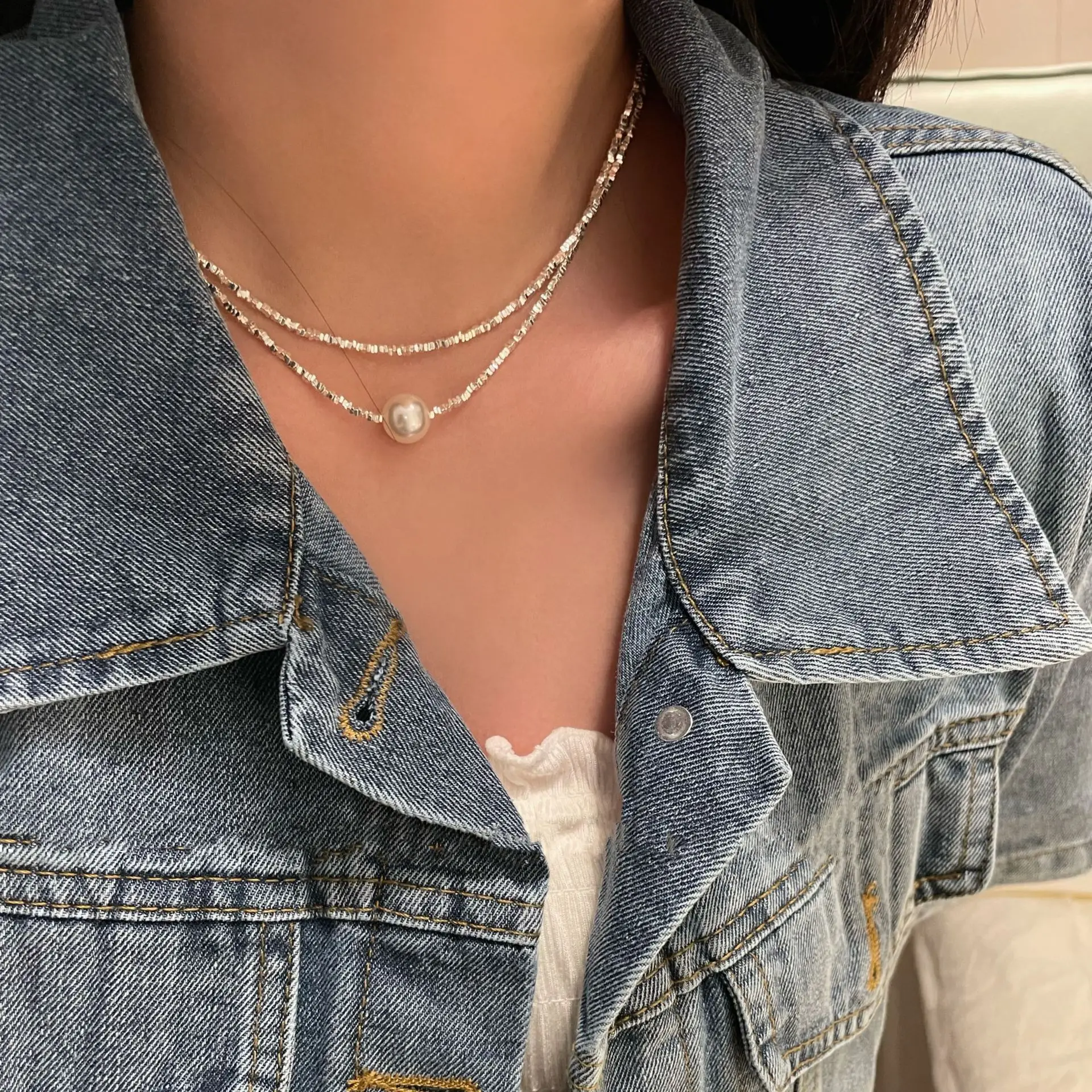 

Серебряное колье-цепочка S925 с жемчугом и эффектом битого серебра, женское, легкое, роскошное, нишевое, в стиле Ins, простое, на ключицы