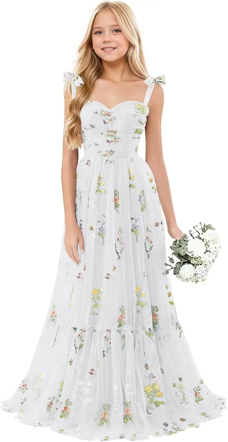 Junior-Brautjungfernkleid für Hochzeiten mit Blumenstickerei, Tüll-Blumenmädchenkleid, Feenhaftes Langes Formelles Kleid, Festkleider für Mädchen