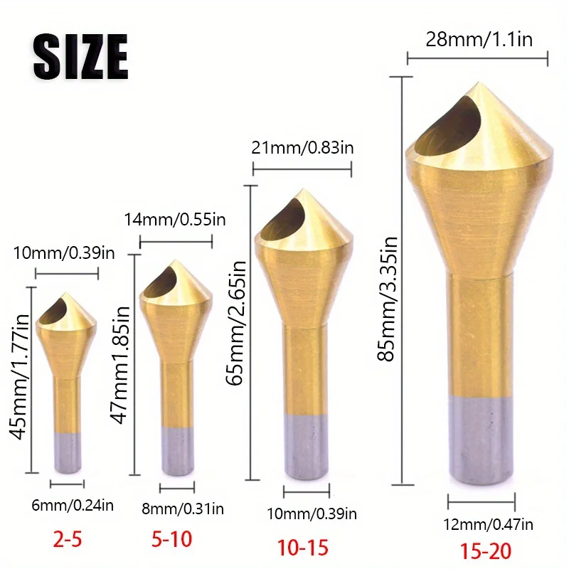 HSS Inclined Hole Chamfering Drill Bit Titanium Coated Deburring Cutter Chip Removal End Tool for Aluminium Plate,Wood & Plastic